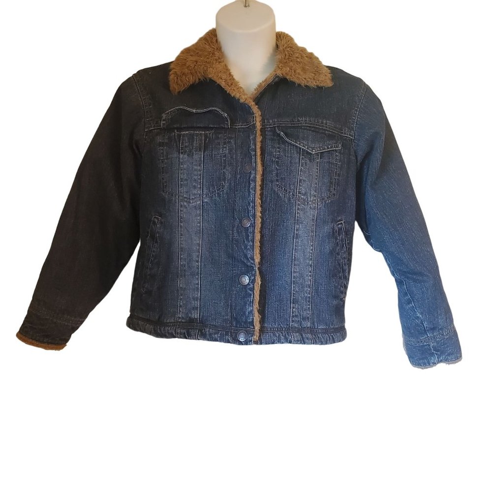 Wrangler S Blue Jean Denim Trucker Jacket Shearling Lined Fall‎ Monster Fur